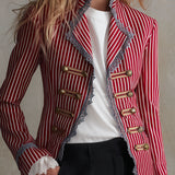 Retro-elegant Color-blocked Lace-trimmed Red Striped Cotton Jacket