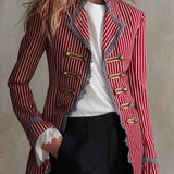 Retro-elegant Color-blocked Lace-trimmed Red Striped Cotton Jacket