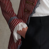 Retro-elegant Color-blocked Lace-trimmed Red Striped Cotton Jacket