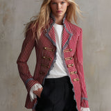 Retro-elegant Color-blocked Lace-trimmed Red Striped Cotton Jacket