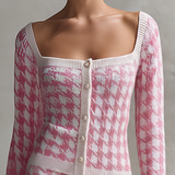 Retro-chic Pink And White Houndstooth Knit Skirt Set