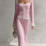 Retro-chic Pink And White Houndstooth Knit Skirt Set