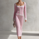 Retro-chic Pink And White Houndstooth Knit Skirt Set