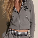 Retro Sporty Grey Hoodie With Plaid Lining And Pants Set