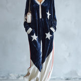 Chic Urban Star-Patch Blue and White Velvet Jumpsuit