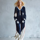 Chic Urban Star-Patch Blue and White Velvet Jumpsuit