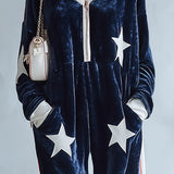 Chic Urban Star-Patch Blue and White Velvet Jumpsuit