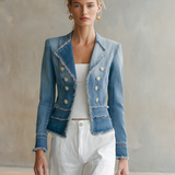 Light Blue Frayed Denim Blazer Women Double-Breasted Cropped Fitted Western Jacket