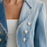 Light Blue Frayed Denim Blazer Women Double-Breasted Cropped Fitted Western Jacket