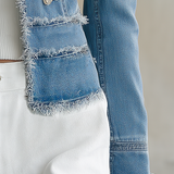 Light Blue Frayed Denim Blazer Women Double-Breasted Cropped Fitted Western Jacket
