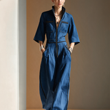 Women's Denim Stand-Collar Zip Black-Trim Cargo-Pocket Short-Sleeve Wide-Leg Jumpsuit MDZ2514H3CMX