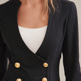 Black Washed Denim Blazer Women Gold Button Double-Breasted Peplum Fitted Jacket
