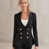 Black Washed Denim Blazer Women Gold Button Double-Breasted Peplum Fitted Jacket