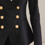 Black Washed Denim Blazer Women Gold Button Double-Breasted Peplum Fitted Jacket