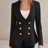 Black Washed Denim Blazer Women Gold Button Double-Breasted Peplum Fitted Jacket