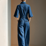 Women's Denim Stand-Collar Zip Black-Trim Cargo-Pocket Short-Sleeve Wide-Leg Jumpsuit MDZ2514H3CMX