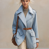 Light Blue Denim Trench Jacket Women Oversized Belted Utility Cargo Coat