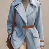 Light Blue Denim Trench Jacket Women Oversized Belted Utility Cargo Coat