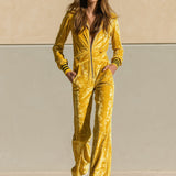 Stylish Retro Yellow Velvet Zipper Long-Sleeved Jumpsuit