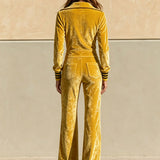 Stylish Retro Yellow Velvet Zipper Long-Sleeved Jumpsuit