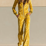 Stylish Retro Yellow Velvet Zipper Long-Sleeved Jumpsuit