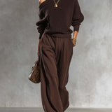 Urban Elegant Brown One-shoulder Knit Top And Cotton-linen Pants Set