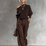 Urban Elegant Brown One-shoulder Knit Top And Cotton-linen Pants Set