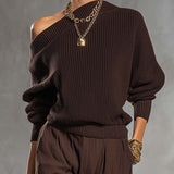 Urban Elegant Brown One-shoulder Knit Top And Cotton-linen Pants Set