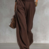 Urban Elegant Brown One-shoulder Knit Top And Cotton-linen Pants Set