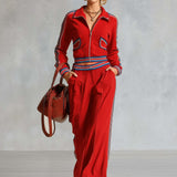 Retro Sport Color-Block Stripes Red Cotton Top And Pants Set