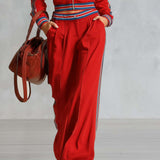 Retro Sport Color-Block Stripes Red Cotton Top And Pants Set