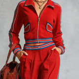 Retro Sport Color-Block Stripes Red Cotton Top And Pants Set
