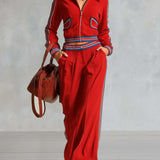 Retro Sport Color-Block Stripes Red Cotton Top And Pants Set