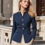 Classic Navy Striped Stand-Collar Single-Breasted Jacket
