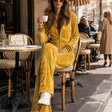 Stylish Retro Yellow Velvet Zipper Long-Sleeved Jumpsuit