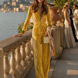 Stylish Retro Yellow Velvet Zipper Long-Sleeved Jumpsuit