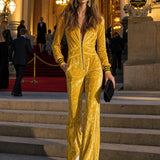 Stylish Retro Yellow Velvet Zipper Long-Sleeved Jumpsuit