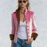 Exquisite Retro Leopard Print Color Blocking Stand-collar Single-breasted Velvet Jacket
