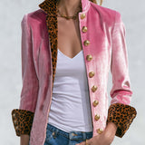 Exquisite Retro Leopard Print Color Blocking Stand-collar Single-breasted Velvet Jacket