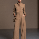 Women's Zipper Stand Collar Casual Long Sleeve Wide Leg Jumpsuit MDZ2540H3GMJ