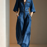 Women's Denim Stand-Collar Zip Black-Trim Cargo-Pocket Short-Sleeve Wide-Leg Jumpsuit MDZ2514H3CMX