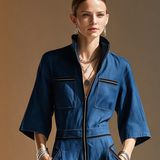 Women's Denim Stand-Collar Zip Black-Trim Cargo-Pocket Short-Sleeve Wide-Leg Jumpsuit MDZ2514H3CMX