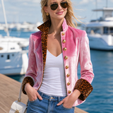 Exquisite Retro Leopard Print Color Blocking Stand-collar Single-breasted Velvet Jacket
