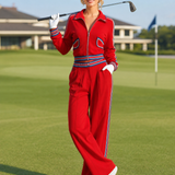 Retro Sport Color-Block Stripes Red Cotton Top And Pants Set