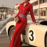 Retro Sport Color-Block Stripes Red Cotton Top And Pants Set