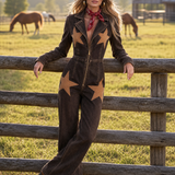 Casual Fashion Lapel Front Zipper Star-shaped Suede Patch Dark Brown Denim Jumpsuit