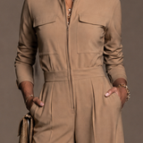 Women's Zipper Stand Collar Casual Long Sleeve Wide Leg Jumpsuit MDZ2540H3GMJ