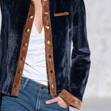 Vintage Dark Blue Velvet Suede-Trim Gold-Button Stand-Collar Military Jacket Women