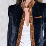 Vintage Dark Blue Velvet Suede-Trim Gold-Button Stand-Collar Military Jacket Women