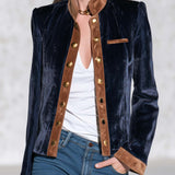 Vintage Dark Blue Velvet Suede-Trim Gold-Button Stand-Collar Military Jacket Women